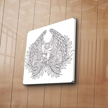 Canvastavla 45x45 cm - Fantasifullt motiv med en figur omgiven av stora, detaljerade vingar och växtlighet - Svart / Grå / Vit - Inredning - Tavlor & posters - Canvastavla