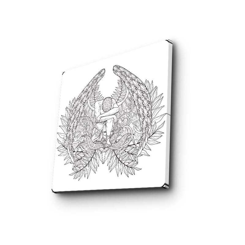 Canvastavla 45x45 cm - Fantasifullt motiv med en figur omgiven av stora, detaljerade vingar och växtlighet - Svart / Grå / Vit - Inredning - Tavlor & posters - Canvastavla