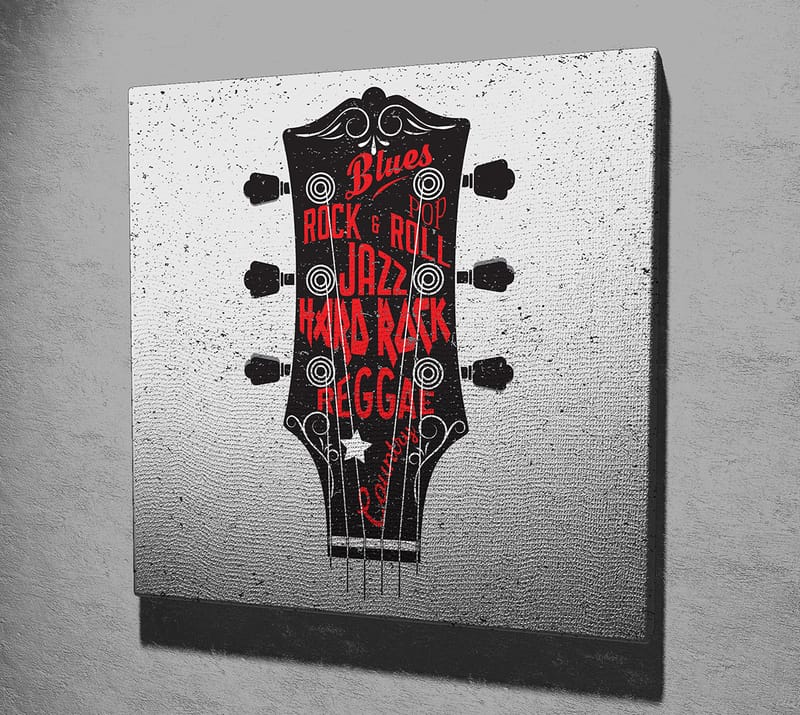Canvastavla 45x45 cm - Gitarrhuvud med musikgenrer i fokus - Svart / Röd / Vit - Inredning - Tavlor & posters - Canvastavla