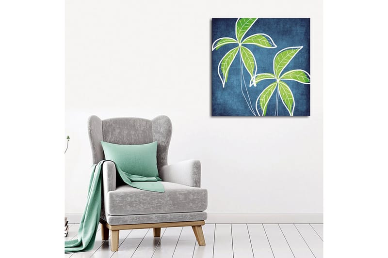 Canvastavla 45x45 cm - Grönskande palmblad mot en djupblå bakgrund - Grön / Blå - Inredning - Tavlor & posters - Canvastavla