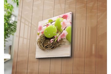 Canvastavla 45x45 cm - Grönskande påskägg i ett bo omgiven av blommor - Grön / Rosa / Brun - Inredning - Tavlor & posters - Canvastavla