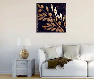 Canvastavla 45x45 cm - Gyllene växtmotiv med blad och bär på mörk bakgrund - Guld / Mörkblå - Inredning - Tavlor & posters - Canvastavla