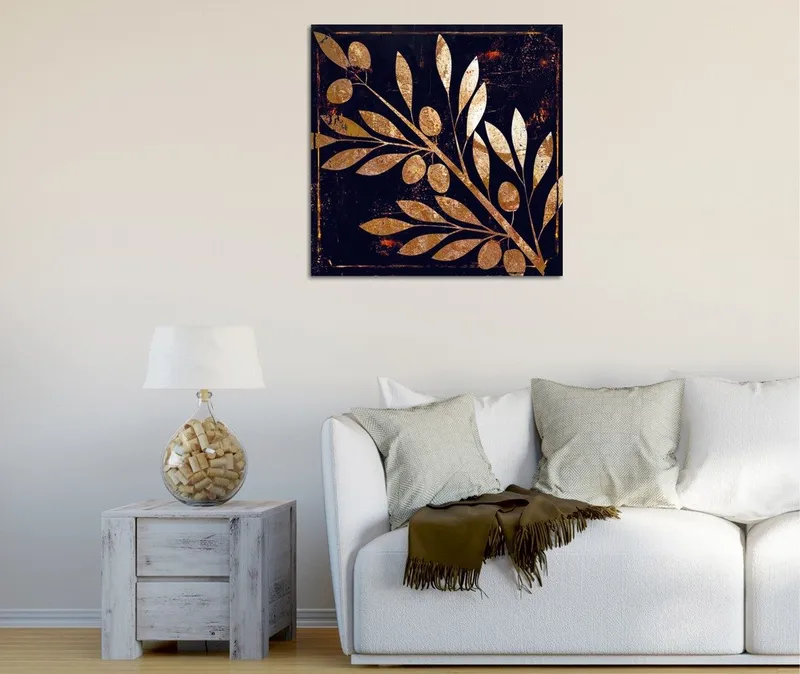 Canvastavla 45x45 cm - Gyllene växtmotiv med blad och bär på mörk bakgrund, Guld / Mörkblå