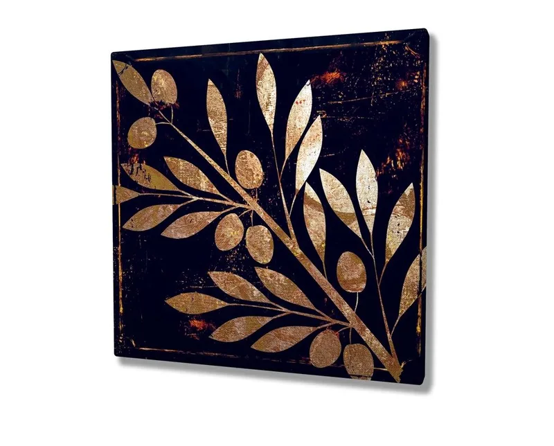 Canvastavla 45x45 cm - Gyllene växtmotiv med blad och bär på mörk bakgrund - Guld / Mörkblå - Inredning - Tavlor & posters - Canvastavla