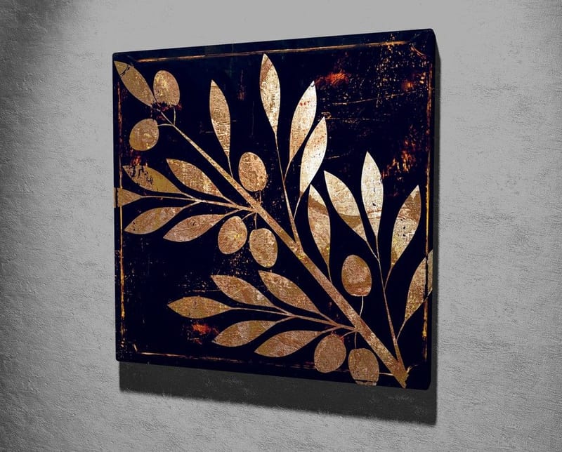 Canvastavla 45x45 cm - Gyllene växtmotiv med blad och bär på mörk bakgrund - Guld / Mörkblå - Inredning - Tavlor & posters - Canvastavla