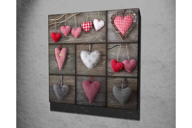 Canvastavla 45x45 cm - Hängande hjärtan i olika mönster och färger - Röd / Grå / Vit - Inredning - Tavlor & posters - Canvastavla