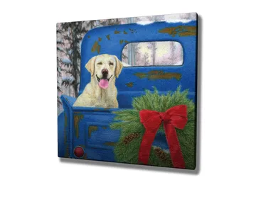 Canvastavla 45x45 cm - Hund i en gammal blå bil med julkrans och röd rosett - Blå / Grön / Röd - Inredning - Tavlor & posters - Canvastavla