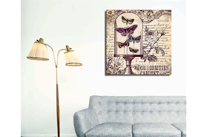 Canvastavla 45x45 cm - Insekter i en glaskupa med blommor och handskriven text i bakgrunden - Lila / Grå / Beige - Inredning - Tavlor & posters - Canvastavla