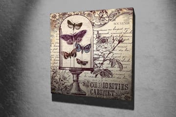 Canvastavla 45x45 cm - Insekter i en glaskupa med blommor och handskriven text i bakgrunden - Lila / Grå / Beige - Inredning - Tavlor & posters - Canvastavla