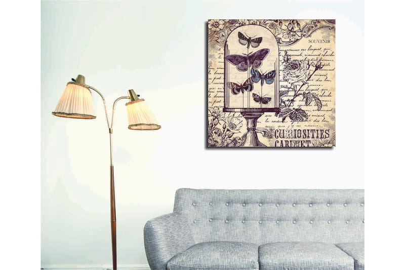 Canvastavla 45x45 cm - Insekter i en glaskupa med blommor och handskriven text i bakgrunden - Lila / Grå / Beige - Inredning - Tavlor & posters - Canvastavla