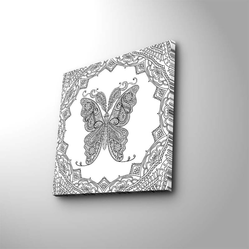 Canvastavla 45x45 cm - Intrikat mönster av en fjäril omgiven av dekorativa detaljer - Svart / Vitt - Inredning - Tavlor & posters - Canvastavla