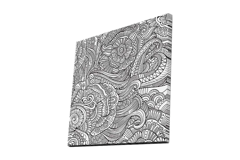 Canvastavla 45x45 cm - Intrikat mönster med blommor och svängda linjer, Svart / Vitt