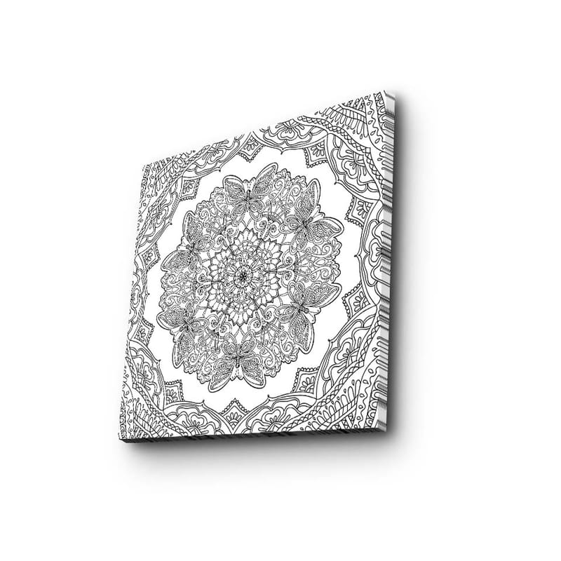Canvastavla 45x45 cm - Intrikat mandala med fjärilar och blommor, Svart / Vitt
