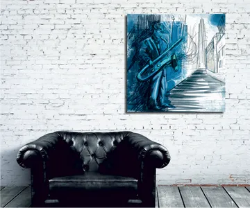 Canvastavla 45x45 cm - Jazzmusiker som spelar saxofon i en stadsmiljö - Blå / Grön / Svart - Inredning - Tavlor & posters - Canvastavla