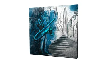 Canvastavla 45x45 cm - Jazzmusiker som spelar saxofon i en stadsmiljö - Blå / Grön / Svart - Inredning - Tavlor & posters - Canvastavla