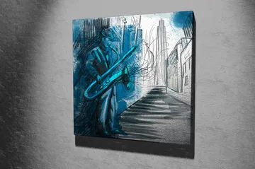 Canvastavla 45x45 cm - Jazzmusiker som spelar saxofon i en stadsmiljö - Blå / Grön / Svart - Inredning - Tavlor & posters - Canvastavla