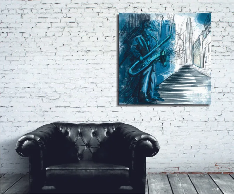 Canvastavla 45x45 cm - Jazzmusiker som spelar saxofon i en stadsmiljö, Blå / Grön / Svart