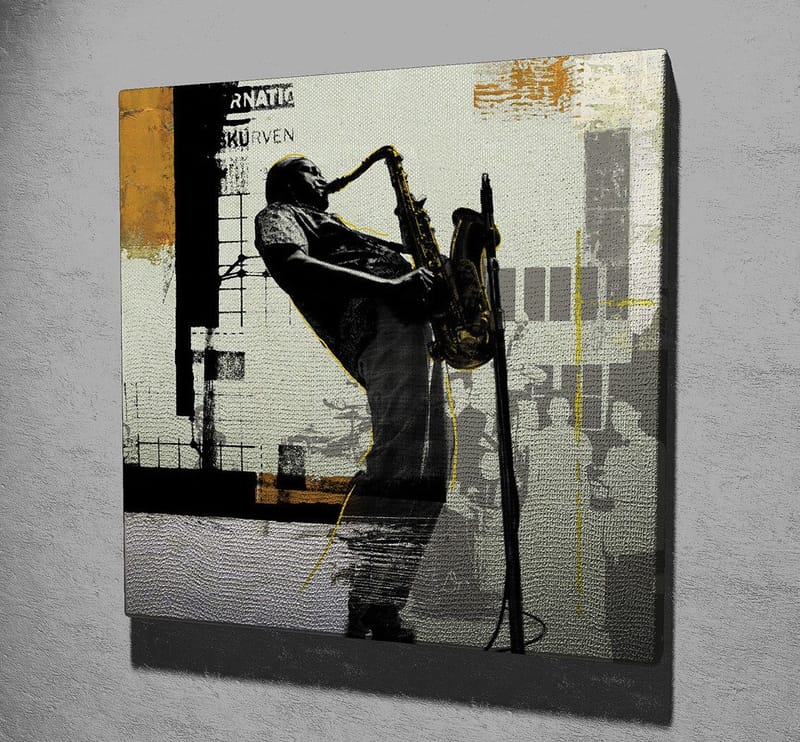 Canvastavla 45x45 cm - Jazzmusiker som spelar saxofon i en urban miljö - Svart / Gult / Grått - Inredning - Tavlor & posters - Canvastavla