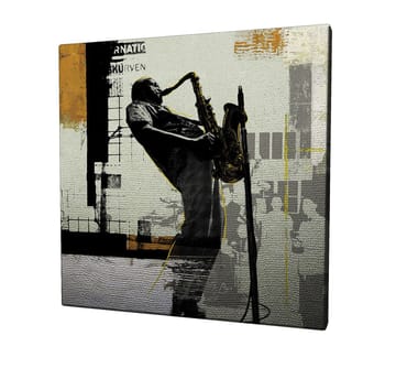 Canvastavla 45x45 cm - Jazzmusiker som spelar saxofon i en urban miljö - Svart / Gult / Grått - Inredning - Tavlor & posters - Canvastavla
