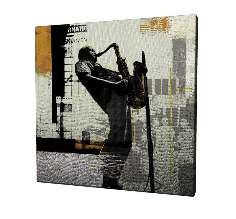Canvastavla 45x45 cm - Jazzmusiker som spelar saxofon i en urban miljö - Svart / Gult / Grått - Inredning - Tavlor & posters - Canvastavla