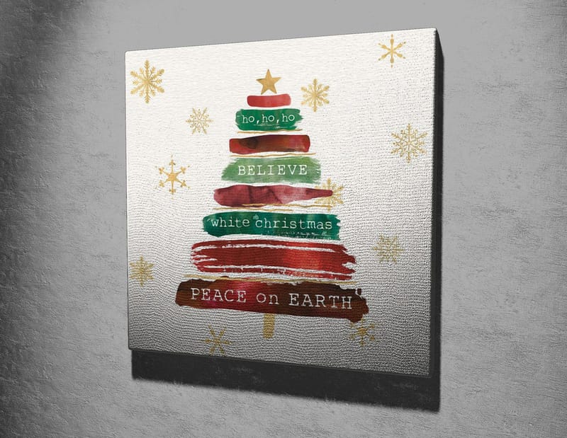 Canvastavla 45x45 cm - Julgran med text och dekorationer - Grön / Röd / Brun - Inredning - Tavlor & posters - Canvastavla