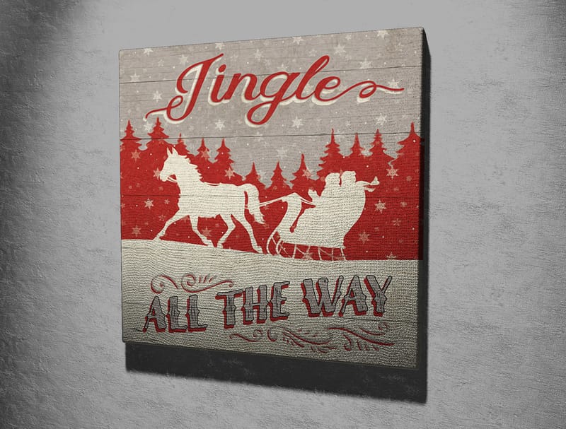 Canvastavla 45x45 cm - Julmotiv med renar och släde i snölandskap - Röd / Grå / Vit - Inredning - Tavlor & posters - Canvastavla