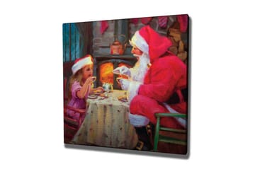 Canvastavla 45x45 cm - Julstämning med jultomte och barn som delar en kopp varm choklad - Röd / Beige / Grön - Inredning - Tavlor & posters - Canvastavla