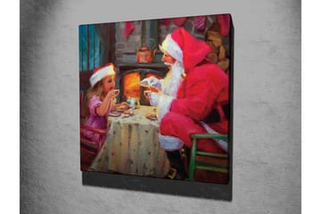 Canvastavla 45x45 cm - Julstämning med jultomte och barn som delar en kopp varm choklad - Röd / Beige / Grön - Inredning - Tavlor & posters - Canvastavla