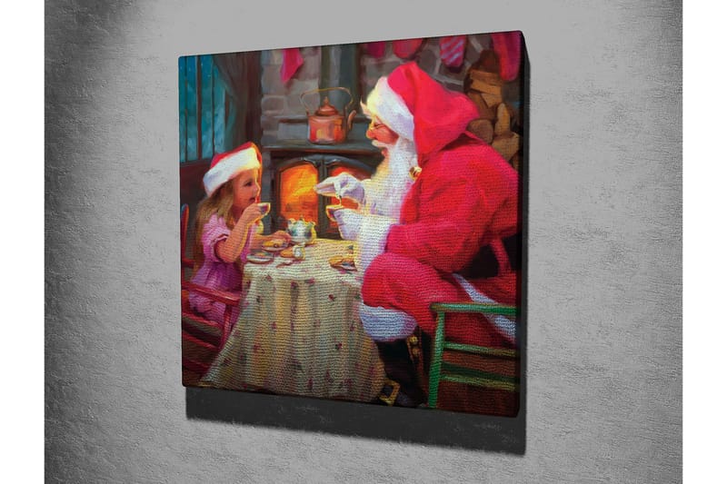 Canvastavla 45x45 cm - Julstämning med jultomte och barn som delar en kopp varm choklad - Röd / Beige / Grön - Inredning - Tavlor & posters - Canvastavla