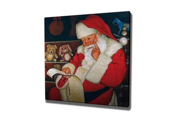 Canvastavla 45x45 cm - Jultomte som läser en lista med leksaker i en mysig miljö - Röd / Vit / Brun - Inredning - Tavlor & posters - Canvastavla