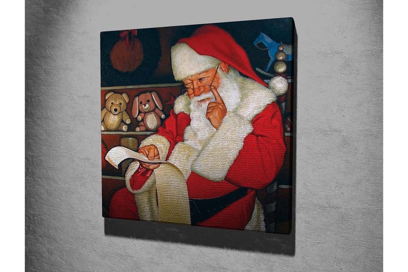 Canvastavla 45x45 cm - Jultomte som läser en lista med leksaker i en mysig miljö - Röd / Vit / Brun - Inredning - Tavlor & posters - Canvastavla