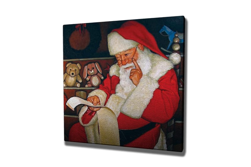 Canvastavla 45x45 cm - Jultomte som läser en lista med leksaker i en mysig miljö - Röd / Vit / Brun - Inredning - Tavlor & posters - Canvastavla