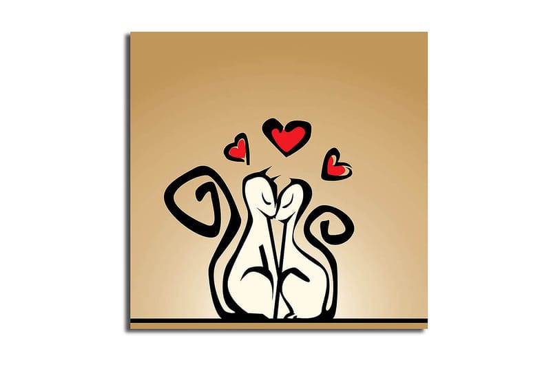 Canvastavla 45x45 cm - Kärleksfullt par av stiliserade figurer med hjärtan ovanför, Svart / Röd / Beige