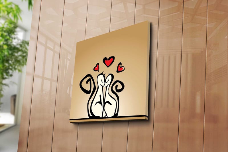Canvastavla 45x45 cm - Kärleksfullt par av stiliserade figurer med hjärtan ovanför - Svart / Röd / Beige - Inredning - Tavlor & posters - Canvastavla