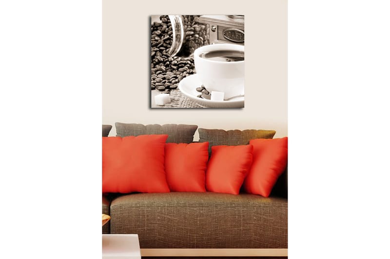 Canvastavla 45x45 cm - Kopp med kaffe omgiven av kaffebönor och sockerbitar - Brun / Vit / Grå - Inredning - Tavlor & posters - Canvastavla