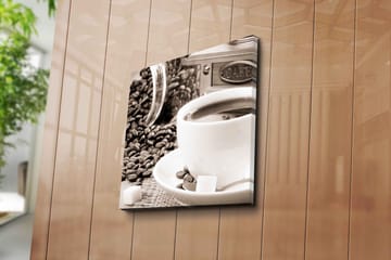 Canvastavla 45x45 cm - Kopp med kaffe omgiven av kaffebönor och sockerbitar - Brun / Vit / Grå - Inredning - Tavlor & posters - Canvastavla