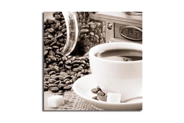 Canvastavla 45x45 cm - Kopp med kaffe omgiven av kaffebönor och sockerbitar - Brun / Vit / Grå - Inredning - Tavlor & posters - Canvastavla