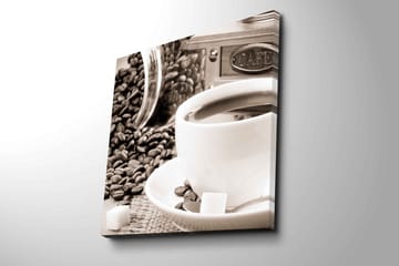 Canvastavla 45x45 cm - Kopp med kaffe omgiven av kaffebönor och sockerbitar - Brun / Vit / Grå - Inredning - Tavlor & posters - Canvastavla