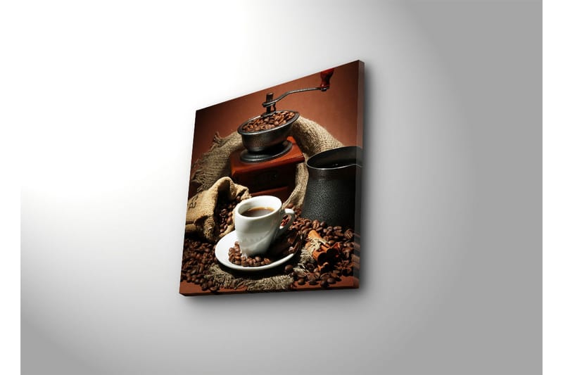Canvastavla 45x45 cm - Kopp med nybryggt kaffe omgiven av kaffebönor och en kaffekvarn - Mörkbrun / Svart / Beige - Inredning - Tavlor & posters - Canvastavla