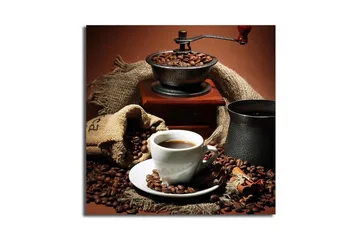 Canvastavla 45x45 cm - Kopp med nybryggt kaffe omgiven av kaffebönor och en kaffekvarn - Mörkbrun / Svart / Beige - Inredning - Tavlor & posters - Canvastavla