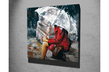 Canvastavla 45x45 cm - Kvinna i röd kappa som sitter under ett paraply i regnet - Röd / Grå / Beige - Inredning - Tavlor & posters - Canvastavla