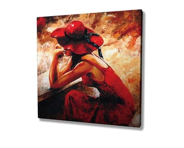 Canvastavla 45x45 cm - Kvinna i röd klänning med röd hatt som lutar sig mot en bänk - Röd / Beige / Svart - Inredning - Tavlor & posters - Canvastavla