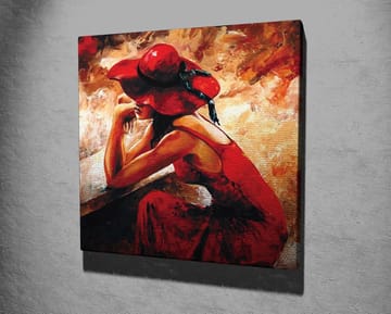 Canvastavla 45x45 cm - Kvinna i röd klänning med röd hatt som lutar sig mot en bänk - Röd / Beige / Svart - Inredning - Tavlor & posters - Canvastavla