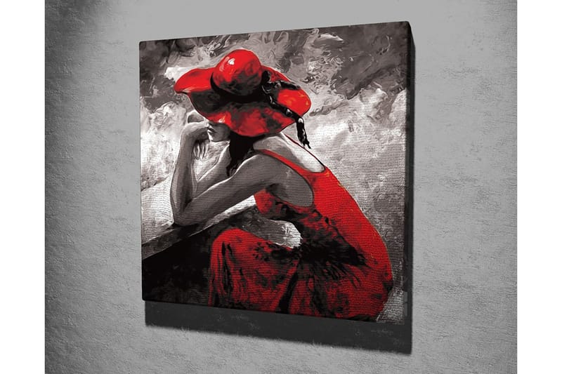Canvastavla 45x45 cm - Kvinnlig figur i röd klänning och hatt som sitter eftertänksamt - Röd / Svart / Grå - Inredning - Tavlor & posters - Canvastavla