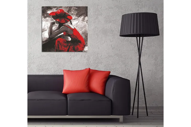 Canvastavla 45x45 cm - Kvinnlig figur i röd klänning och hatt som sitter eftertänksamt - Röd / Svart / Grå - Inredning - Tavlor & posters - Canvastavla