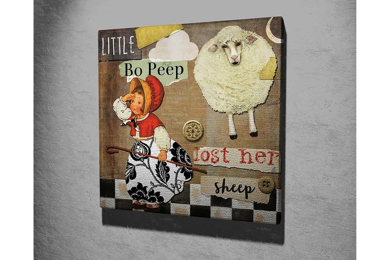 Canvastavla 45x45 cm - Lekfull scen med en flicka som letar efter sina får - Beige / Svart / Röd - Inredning - Tavlor & posters - Canvastavla