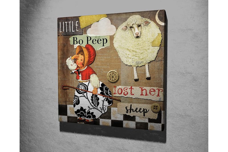 Canvastavla 45x45 cm - Lekfull scen med en flicka som letar efter sina får - Beige / Svart / Röd - Inredning - Tavlor & posters - Canvastavla
