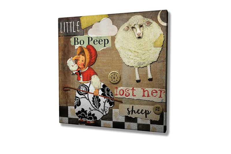 Canvastavla 45x45 cm - Lekfull scen med en flicka som letar efter sina får - Beige / Svart / Röd - Inredning - Tavlor & posters - Canvastavla