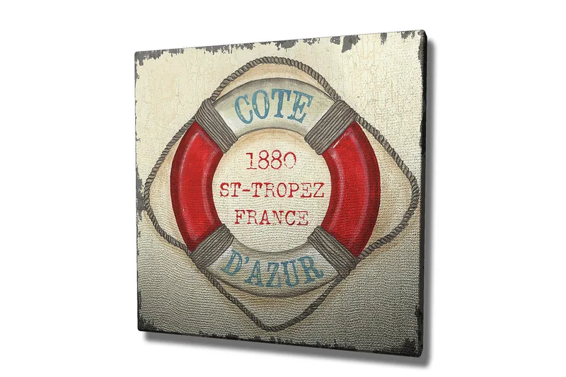 Canvastavla 45x45 cm - Livboj med vintage-inspirerad text från St-Tropez - Röd / Beige / Blå - Inredning - Tavlor & posters - Canvastavla