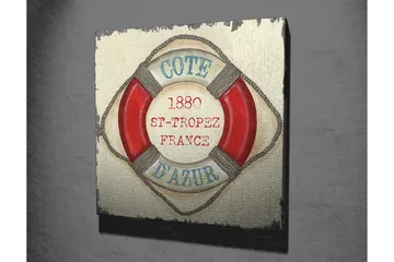 Canvastavla 45x45 cm - Livboj med vintage-inspirerad text från St-Tropez - Röd / Beige / Blå - Inredning - Tavlor & posters - Canvastavla